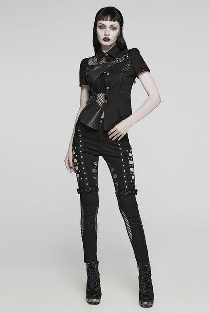 Black Mesh Women's Punk Cutout Eyelet Jeans