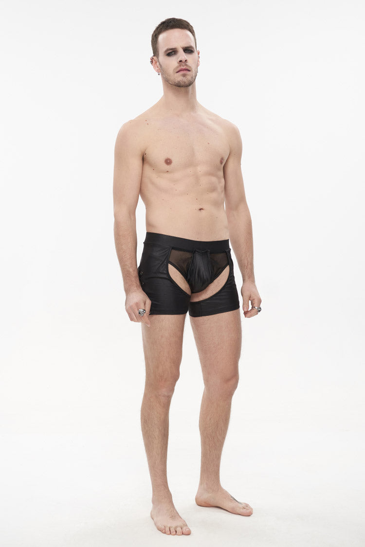 Black Knit Lace Up Perspective Sexy Slim Men's Punk Shorts