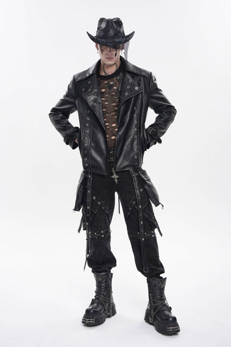 Black Lapel Collar Long Sleeves Studded Buckled Zippered Eyelet Women's Punk Jacket