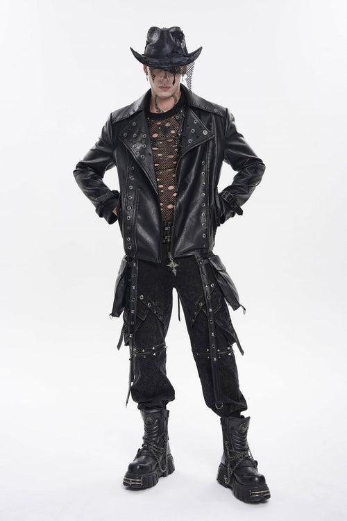 Black Lapel Collar Long Sleeves Studded Buckled Zippered Eyelet Women's Punk Jacket