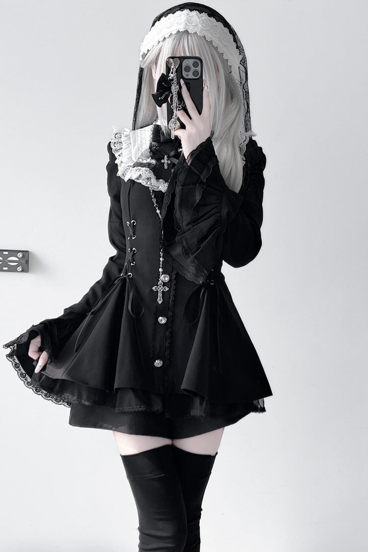Black Long Trumpet Sleeves Ruffle Gothic Jirai Kei Japanese Dress Set 2 Colors