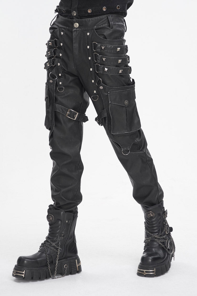 Black Big Pocket Faux Leather Men's Gothic Pants