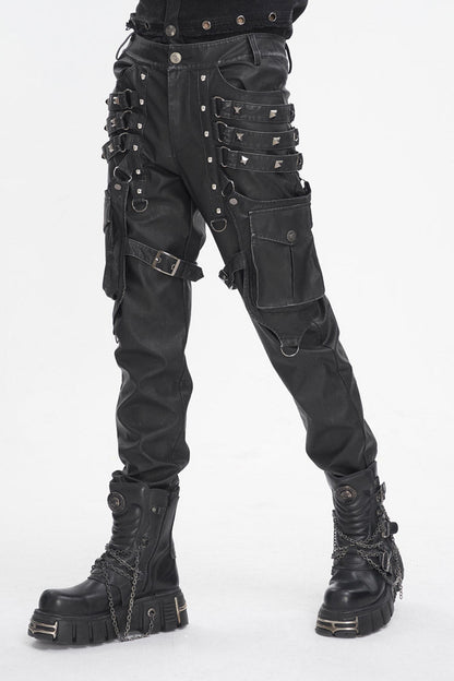 Black Big Pocket Faux Leather Men's Gothic Pants