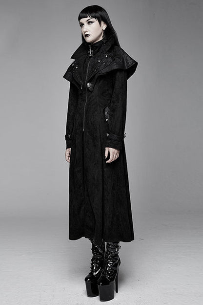 Black Hand Embroidered Big Shawl Collar Zipper Up Long Womens Gothic Coat