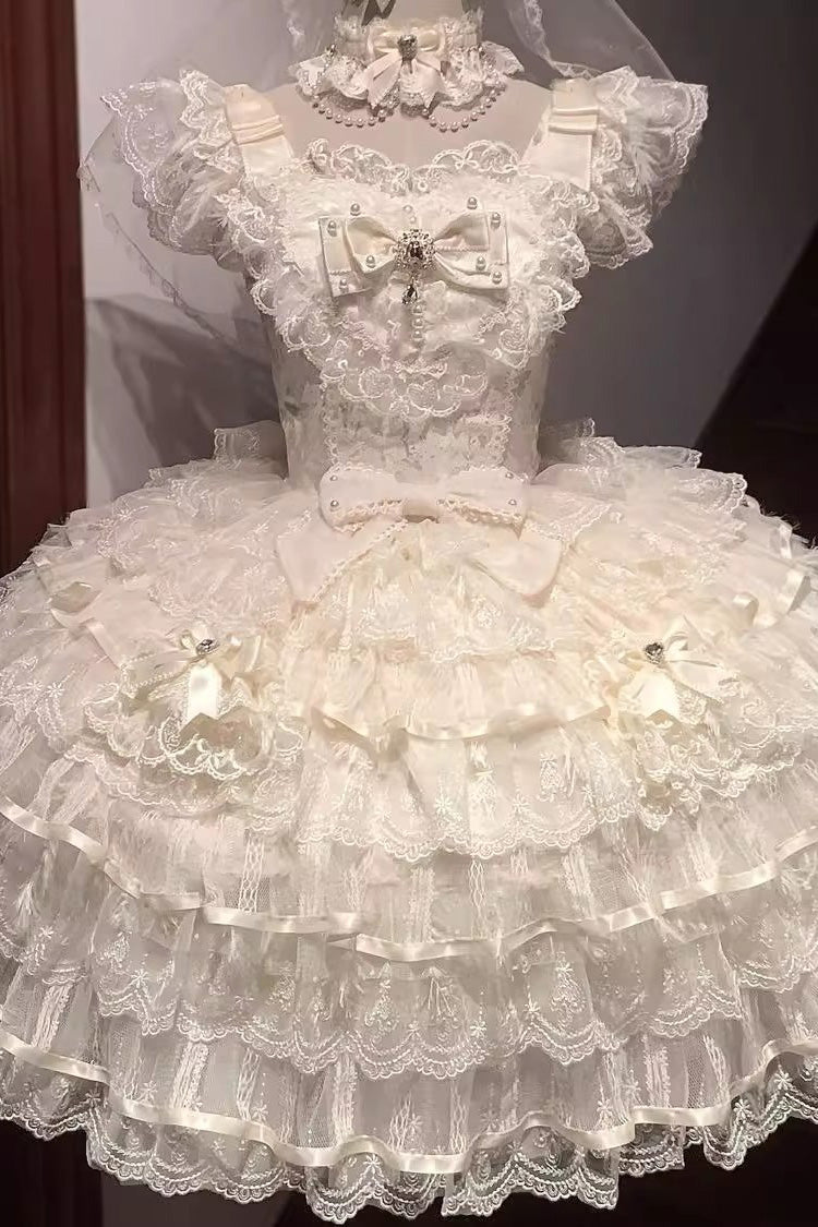 Apricot [Ballad of Feathers] Sleeveless Multi-Layered Ruffle Hanayome Bowknot Sweet Lolita Jsk Dress