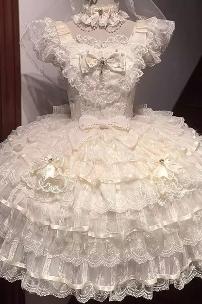 Apricot [Ballad of Feathers] Sleeveless Multi-Layered Ruffle Hanayome Bowknot Sweet Lolita Jsk Dress