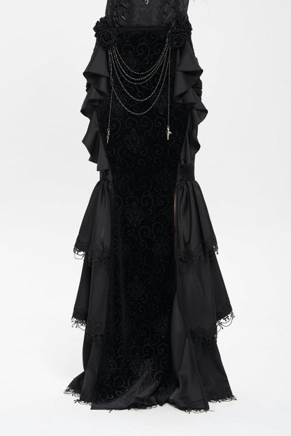 Black Floral Print Lace-Up Rose Chain Women's Gothic Fishtail Skirt