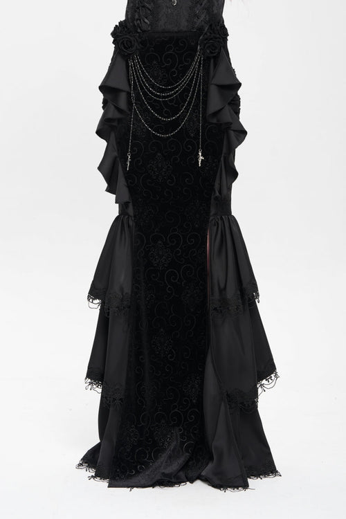 Black Floral Print Lace-Up Rose Chain Women's Gothic Fishtail Skirt