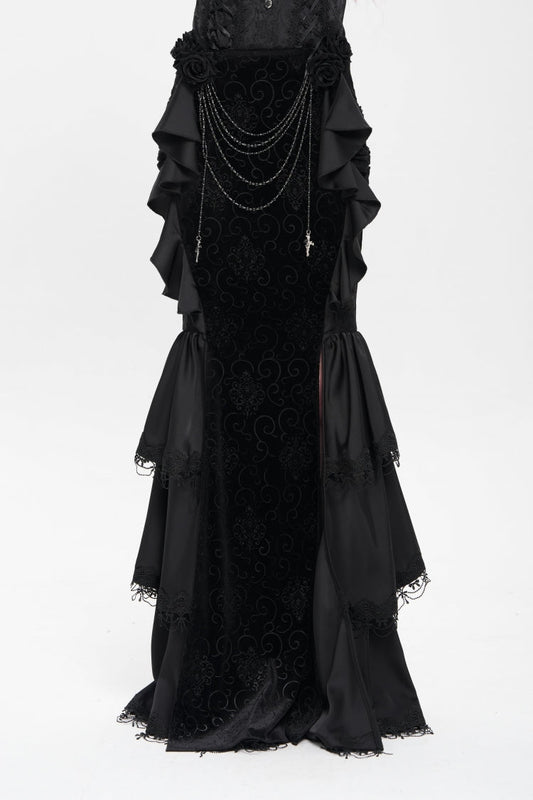 Black Floral Print Lace-Up Rose Chain Women's Gothic Fishtail Skirt