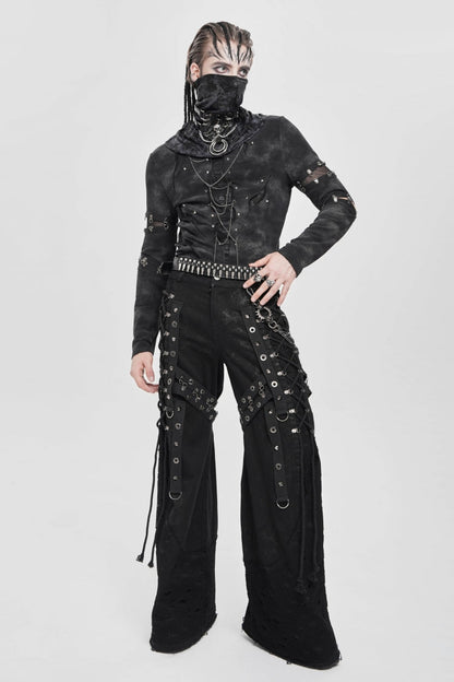 Black Long Sleeves Cutout Rivets Chain Men's Punk Blouse