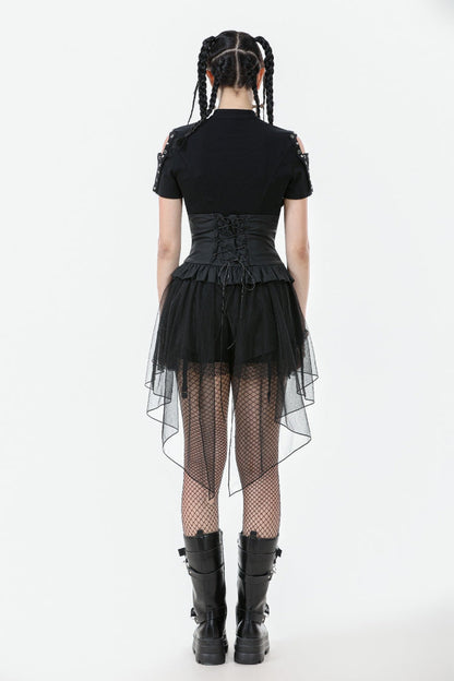 Black High Waisted Lace-Up High/low Mesh Women's Punk Skirt