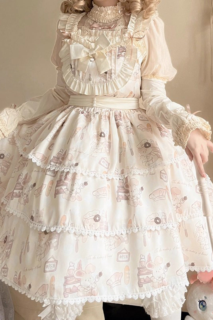 Beige Sleeveless Triple-Layered Print Ruffle Bowknot Sweet Plus Size Lolita Jsk Dress