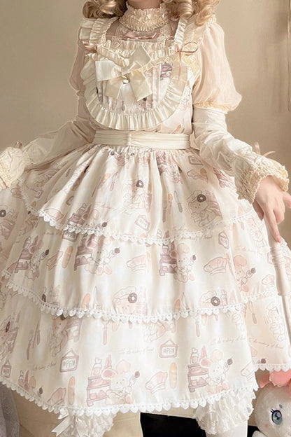Beige Sleeveless Triple-Layered Print Ruffle Bowknot Sweet Plus Size Lolita Jsk Dress