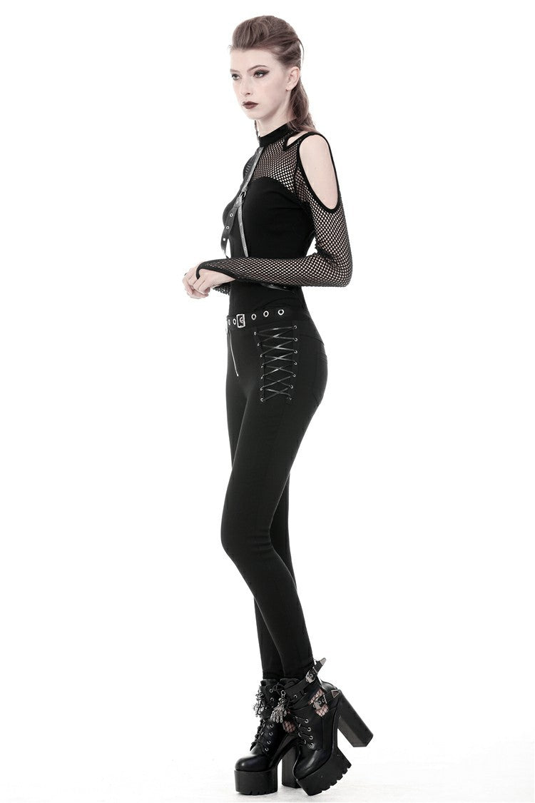Black Off Shoulder Long Sleeves Mesh Crossed Harness Straps Eyelet Sexy Women's Punk Top