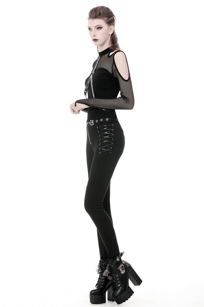 Black Off Shoulder Long Sleeves Mesh Crossed Harness Straps Eyelet Sexy Women's Punk Top