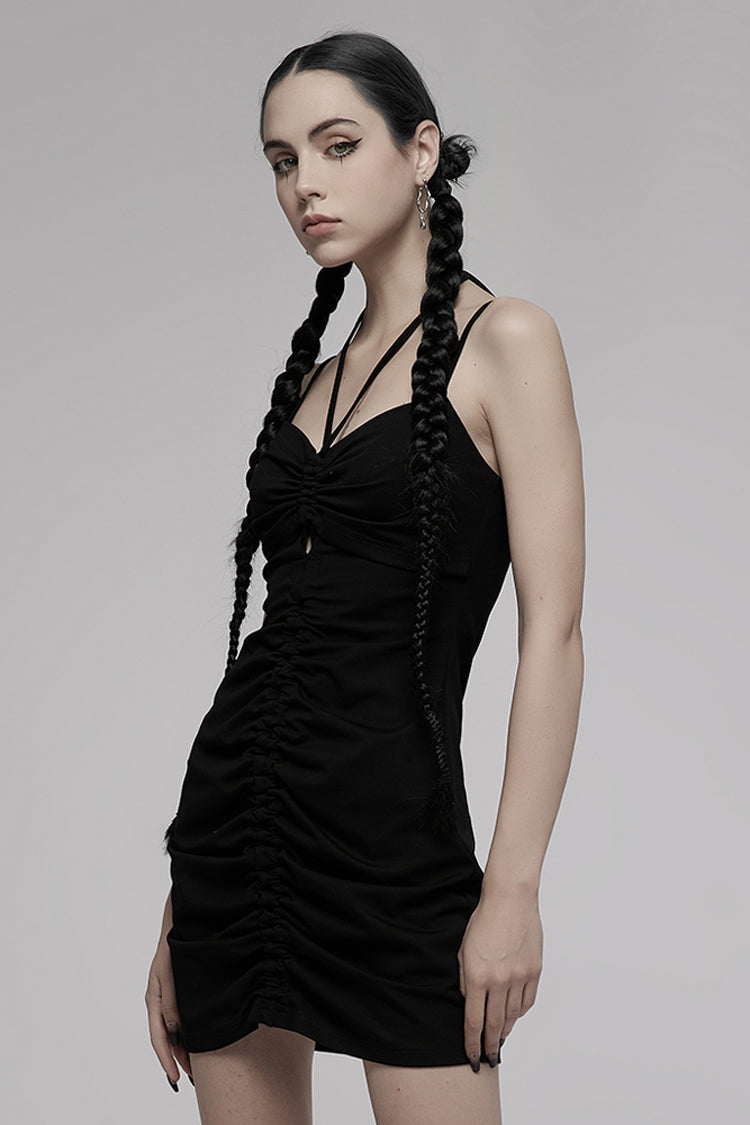 Black Knitted Stretch Hollow-Carved Design Drawstring Bodycon Shoulder Strap Halter Neck Women's Punk Dress