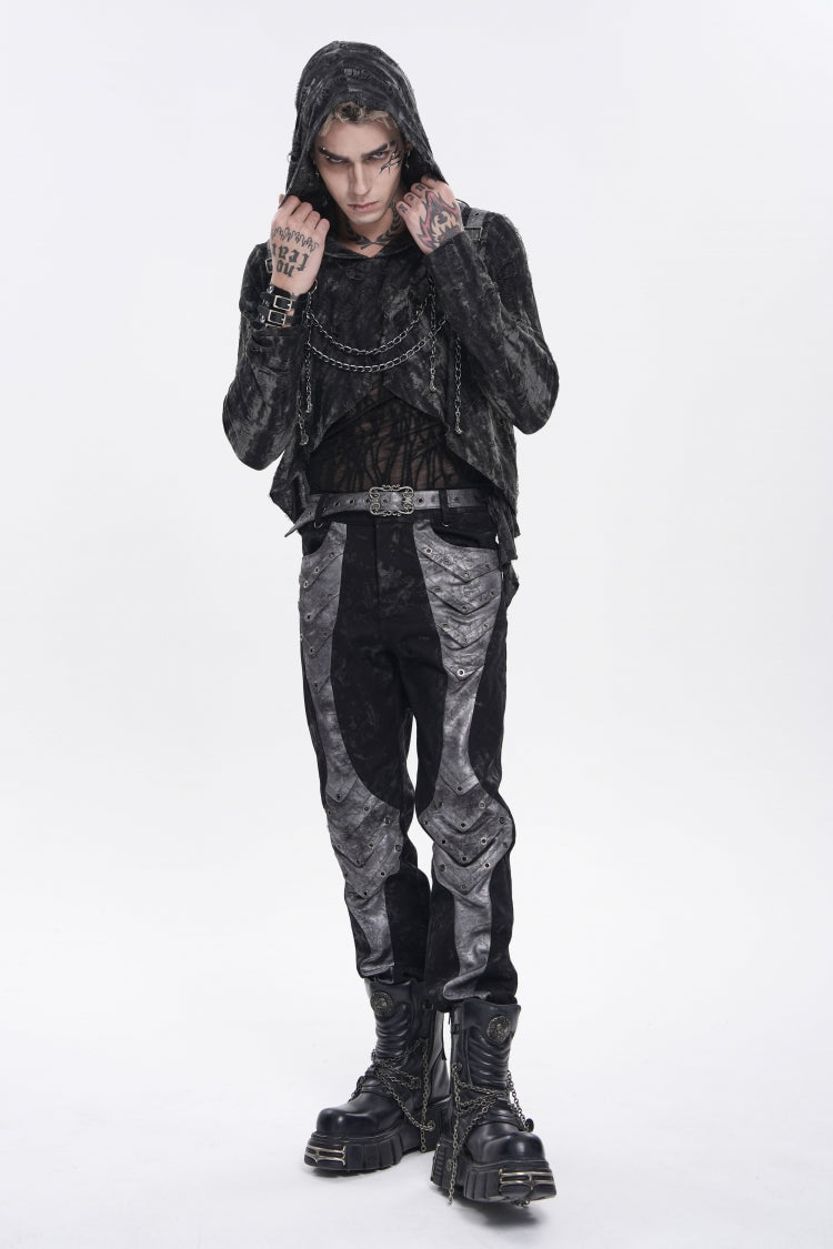 Black Long Sleeves Spliced Hooded Mesh Ripped Faux Two-Piece Zippered Eyelet Men's Punk T-Shirt