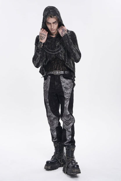 Black Long Sleeves Spliced Hooded Mesh Ripped Faux Two-Piece Zippered Eyelet Men's Punk T-Shirt