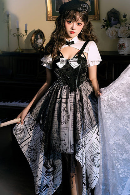 Black Fake Two Pieces Vintage Printed Irregular Hem Classic Lolita Dress