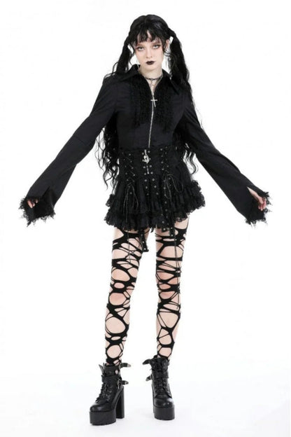 Black Layered Lace Mesh Lace-Up Zippered Women's Punk Mini Skirt
