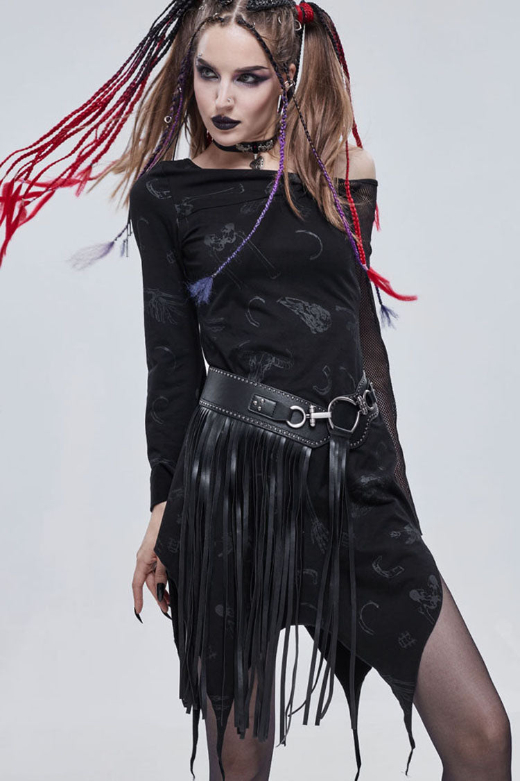 Black Gothic Off-The-Shoulder Graphic-Print Asymmetric Design Splicing Mesh Women's Dress