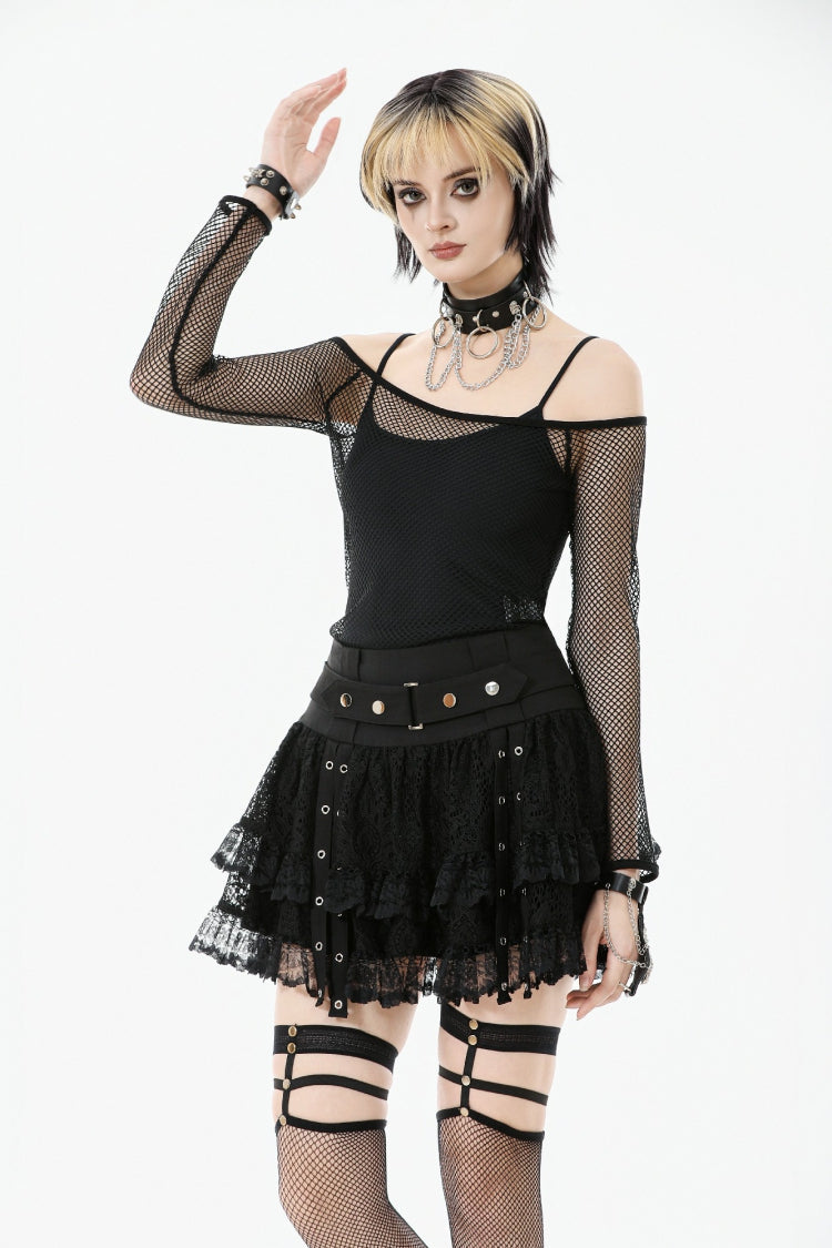 Black Off Shoulder Long Sleeves Mesh Women's Gothic Versatile Top