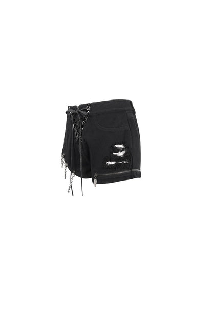 Black Asymmetric Metal Chain Ripped Zip Denim Women's Punk Shorts