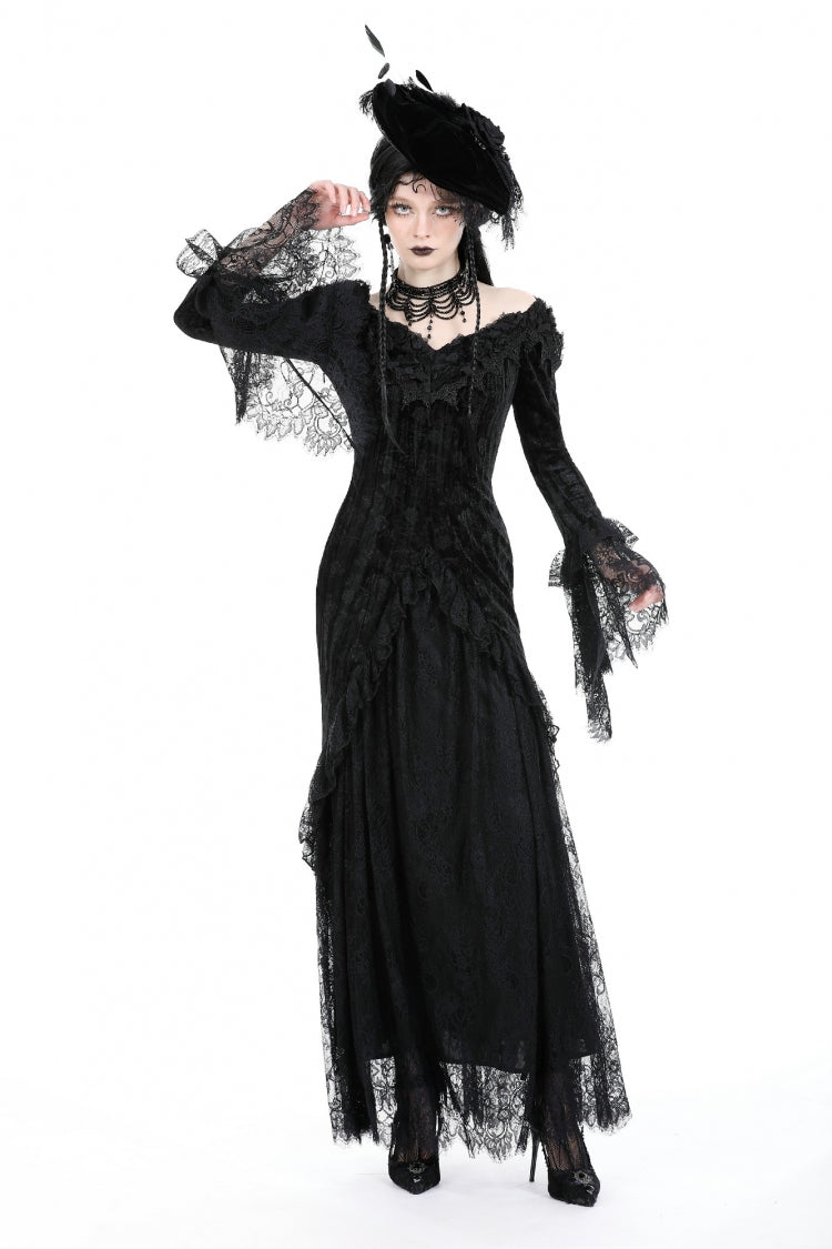 Black Off Shoulder Lace Long Trumpet Sleeves Lace-Up Women's Gothic Bodycon Dress