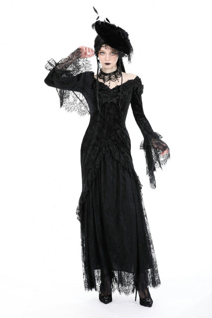 Black Off Shoulder Lace Long Trumpet Sleeves Lace-Up Women's Gothic Bodycon Dress