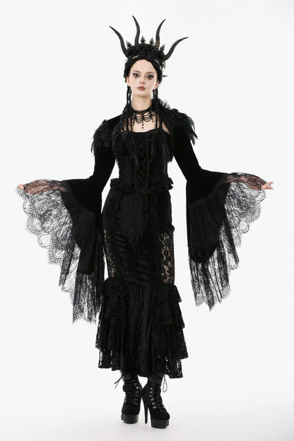 Black Lace Spliced Velvet Long Flared Sleeves Floral Feather Women's Gothic Cape