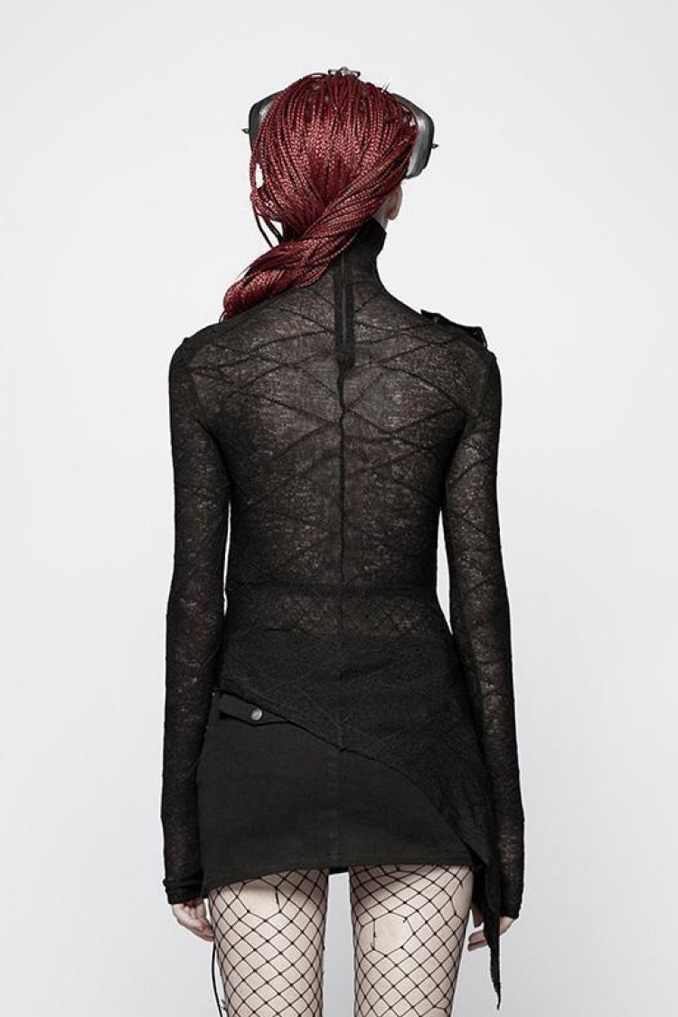 Black High Collar Long Sleeves Hollow Asymmetric Women's Punk T-Shirt