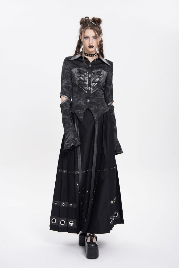 Black Lapel Collar Long Sleeves Print Lace-Up Cutout Women's Punk Blouse