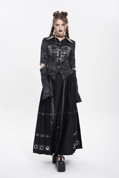 Black Lapel Collar Long Sleeves Print Lace-Up Cutout Women's Punk Blouse