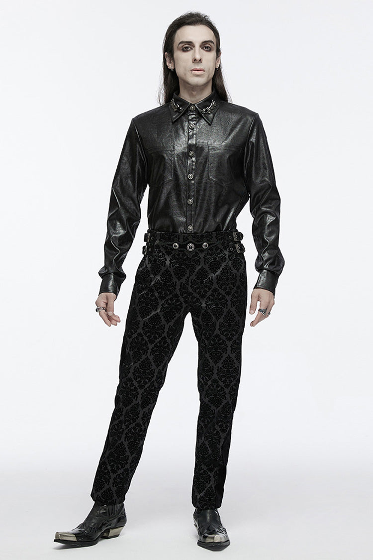 Black Lapel Collar Long Sleeves Buckle Skull Metal Men's Gothic Blouse