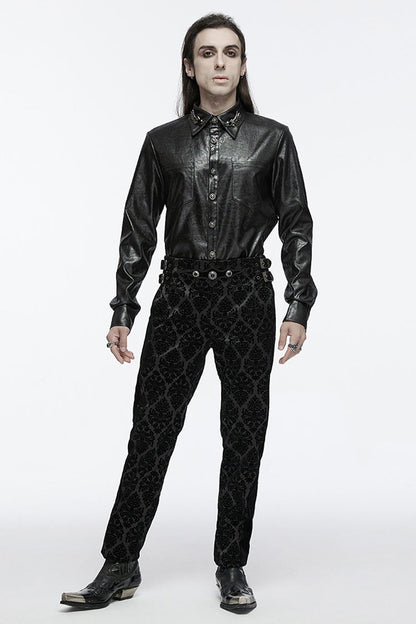 Black Lapel Collar Long Sleeves Buckle Skull Metal Men's Gothic Blouse