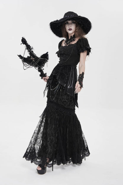Black Double-Layered Embroidered Lace Slim Pearl-Decorated Women's Gothic Skirt