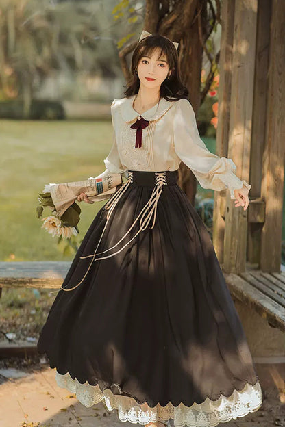 Black Lapel Collar Long Sleeves High Waisted Lace-Up Wave Hem Classic Lolita Two-Piece Skirt Set