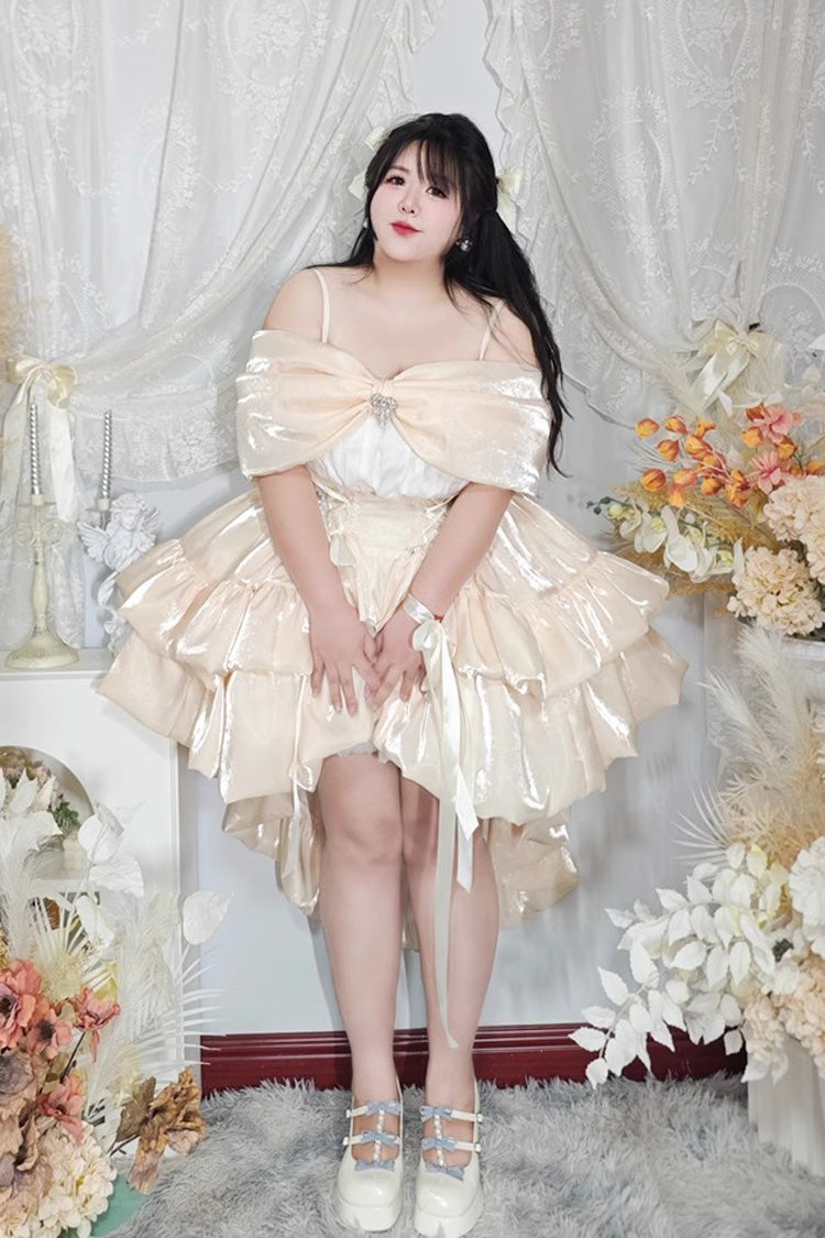 Beige Off Shoulder Double-Layered Ruffle Bowknot Lace Sweet Plus Size Lolita Dress