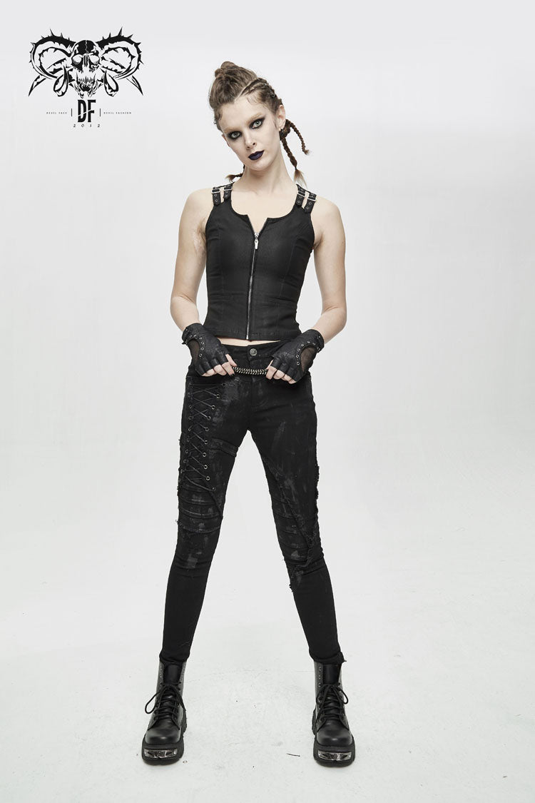 Black Lace Up Double Loops Front Shoulder Backless Women's Punk Waistcoat