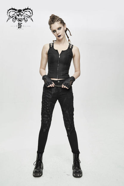 Black Lace Up Double Loops Front Shoulder Backless Women's Punk Waistcoat