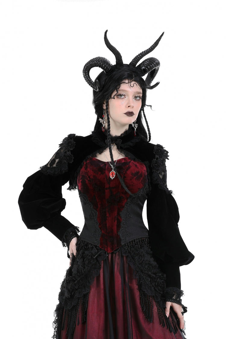Black Long Lantern Sleeves Lace Spliced Velvet Women's Gothic Cape