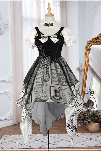 Black Fake Two Pieces Vintage Printed Irregular Hem Classic Lolita Dress