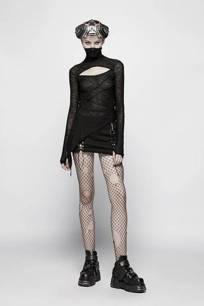 Black High Collar Long Sleeves Hollow Asymmetric Women's Punk T-Shirt