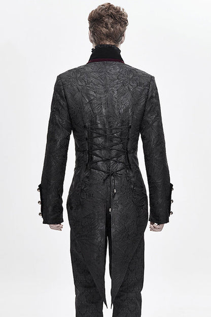 Black Jacquard Floral Pattern Velveteen Swallowtail Mens Gothic Coat