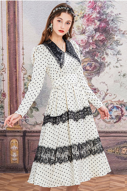 Beige/Black Doll Collar Vintage Lace Patchwork Polka Dot Print Long Sleeves High Waisted Long Sweet Lolita OP Dress
