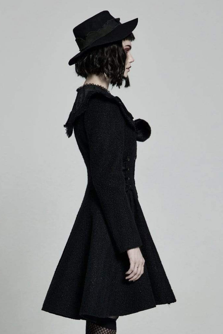 Black Fur Collar Fur Ball Decoration Long Sleeves Rose Button Womens Gothic Coat With Removable Collar