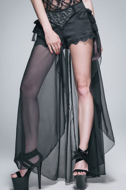 Back Front Buckle Waist Lace Up Chiffon Lace Hem Gothic Short Womens Pants