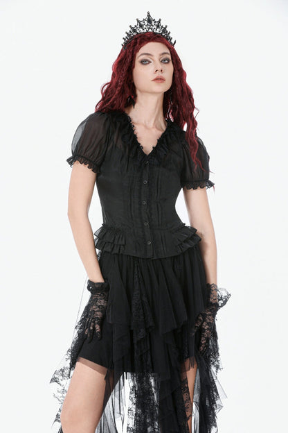 Black Deep V Collar Short Puff Sleeves Multi-Layered Ruffled Lace Sheer Women's Gothic Blouse