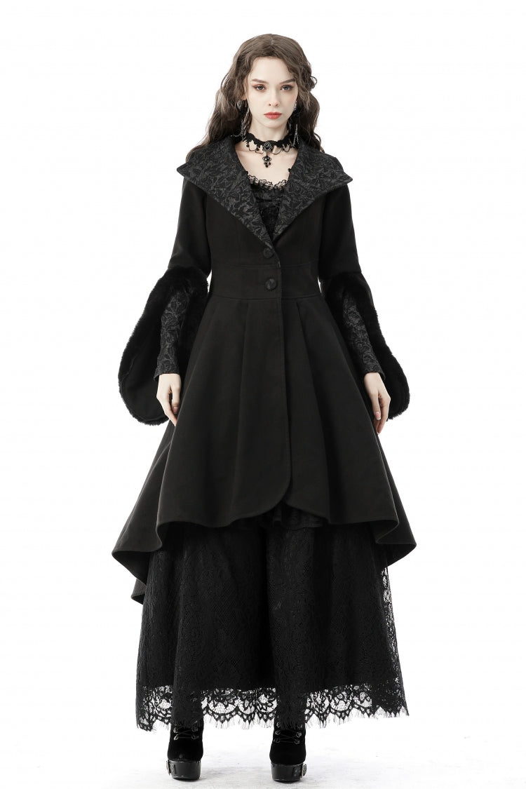 Black Lapel Collar Long Sleeves Women's Gothic High Low Woolen Dovetail Coat with Hood