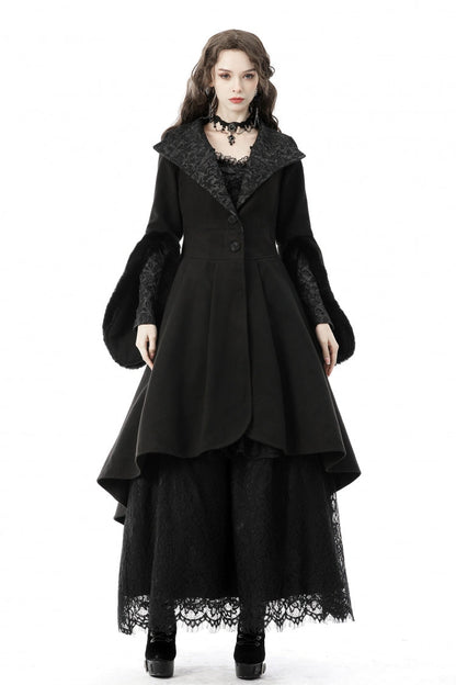 Black Lapel Collar Long Sleeves Women's Gothic High Low Woolen Dovetail Coat with Hood